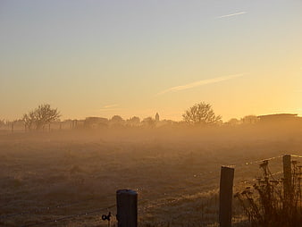 Frosty rural landscape with fog and sunrise behind fence