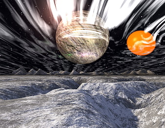 3D Rendered Alien Landscape With Giant Planet And Orange Star
