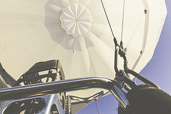 Low angle view of hot air balloon basket and burner