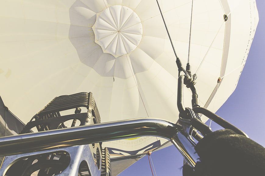 Low angle view of hot air balloon basket and burner