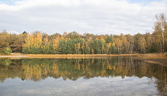 Serene autumn lake with colorful forest reflection