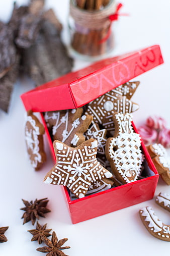Traditional Christmas gingerbread cookies in a red gift box