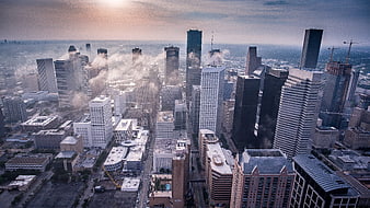 Aerial View of Downtown Houston Skyline with Morning Fog