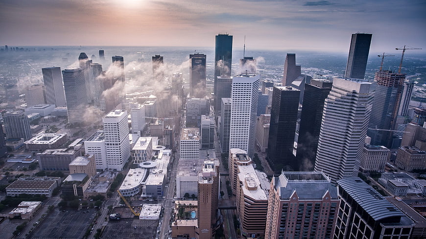 Aerial View of Downtown Houston Skyline with Morning Fog