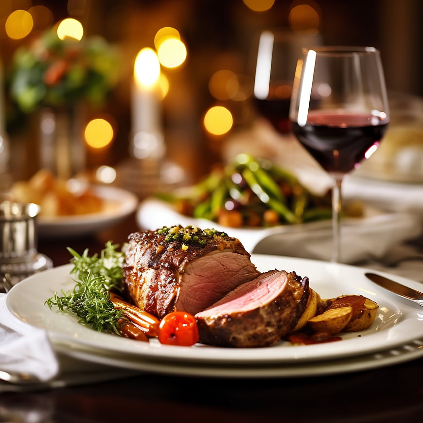 Gourmet roast beef dinner with red wine and vegetables