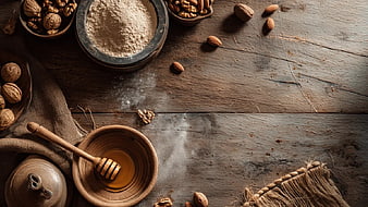 Rustic Nuts, Honey, and Flour on Wooden Table