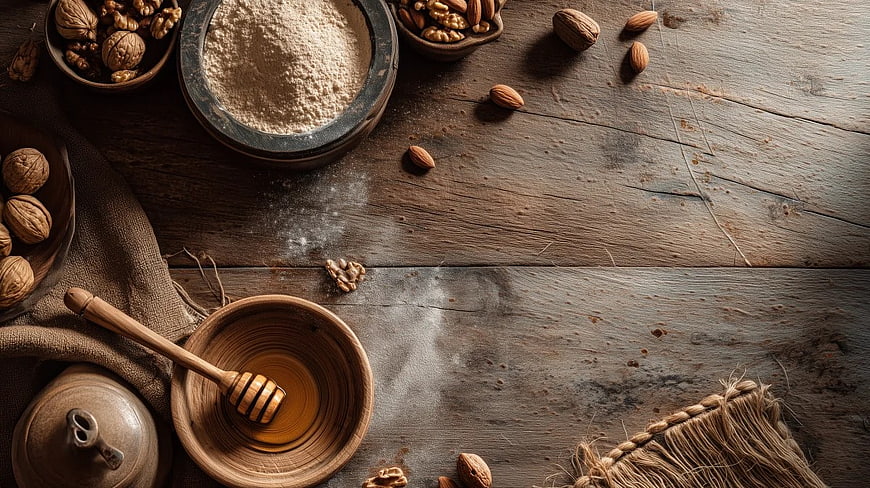 Rustic Nuts, Honey, and Flour on Wooden Table