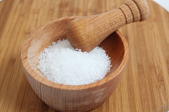 Coarse Sea Salt in Wooden Mortar and Pestle