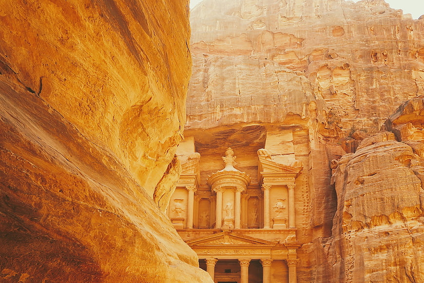 The Treasury at Petra, Jordan carved into sandstone cliffs