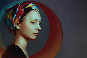 Portrait of Woman in Colorful Headscarf with Abstract Background
