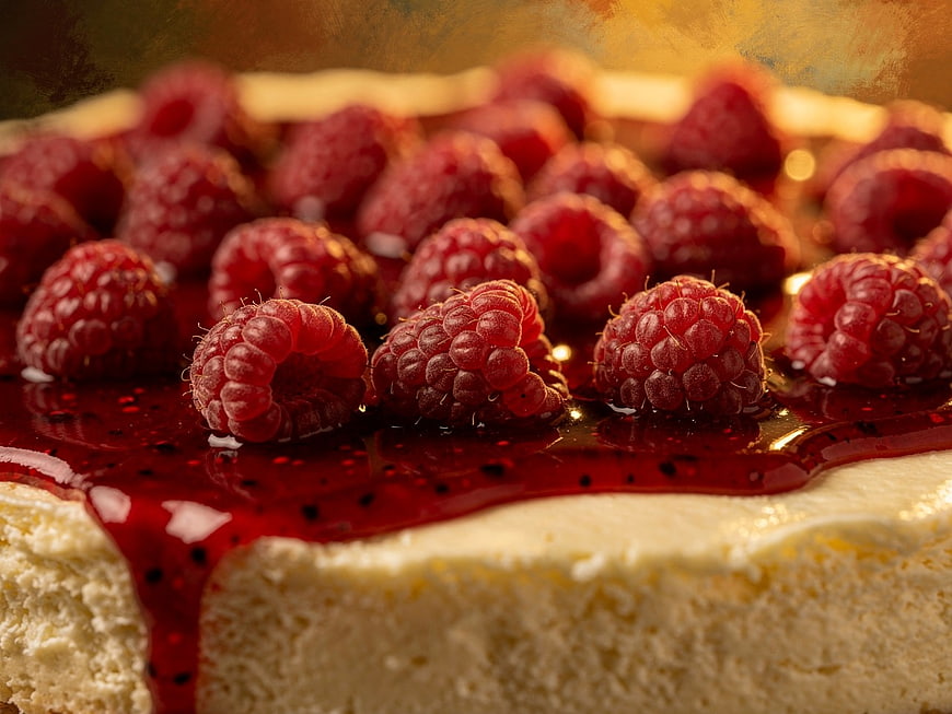Close-up of creamy cheesecake topped with fresh raspberries and glaze