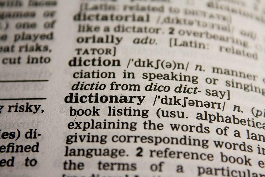 Close-up of dictionary page with definition of dictionary