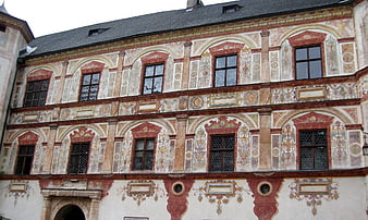 Ornate Renaissance Sgraffito Facade of Trazberg Castle Courtyard