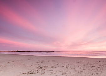 Pink Sunset Sky Over Calm Beach Horizon