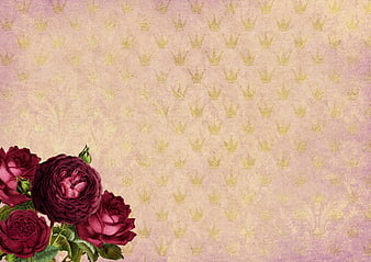 Vintage Floral Background With Gold Crown Pattern And Red Roses