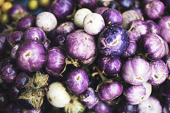 Close-up of fresh purple and white baby eggplants