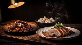 Steaming Asian Feast with Roast Duck, Dumplings, and Spicy Stir-Fry