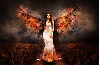 Surreal Dark Angel Woman With Fiery Wings In Dramatic Field