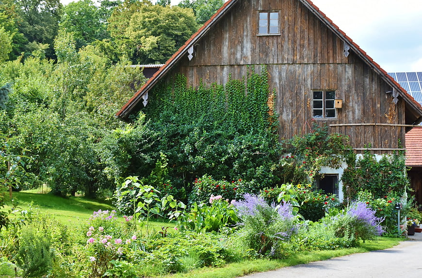 Rustic Wooden Barn with Lush Garden and Solar Panels
