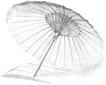 Pencil sketch of traditional Asian paper umbrella viewed from below