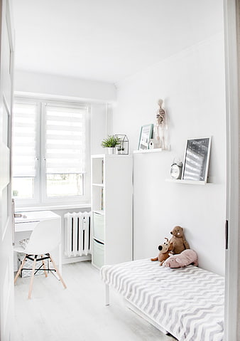 Minimalist White Child Bedroom with Desk and Bed