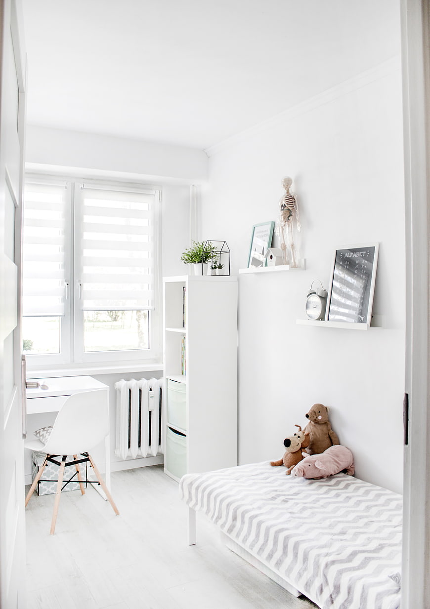 Minimalist White Child Bedroom with Desk and Bed