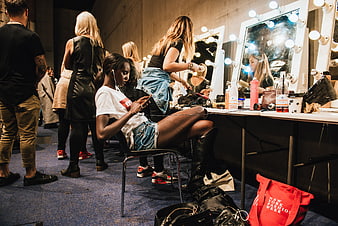 Backstage at New York Fashion Week with Models and Makeup Mirrors