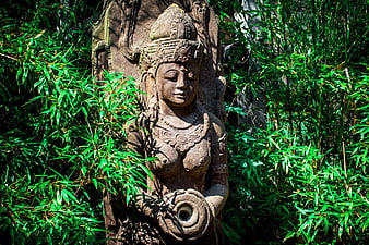 Ancient Stone Goddess Statue Surrounded by Lush Green Bamboo