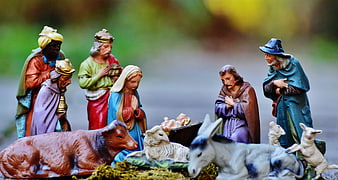 Traditional Christmas Nativity Scene With Figurines And Animals