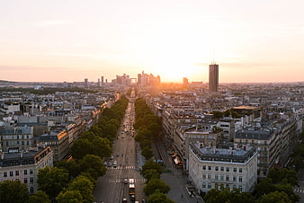 Aerial View of Paris Cityscape at Golden Hour Sunset