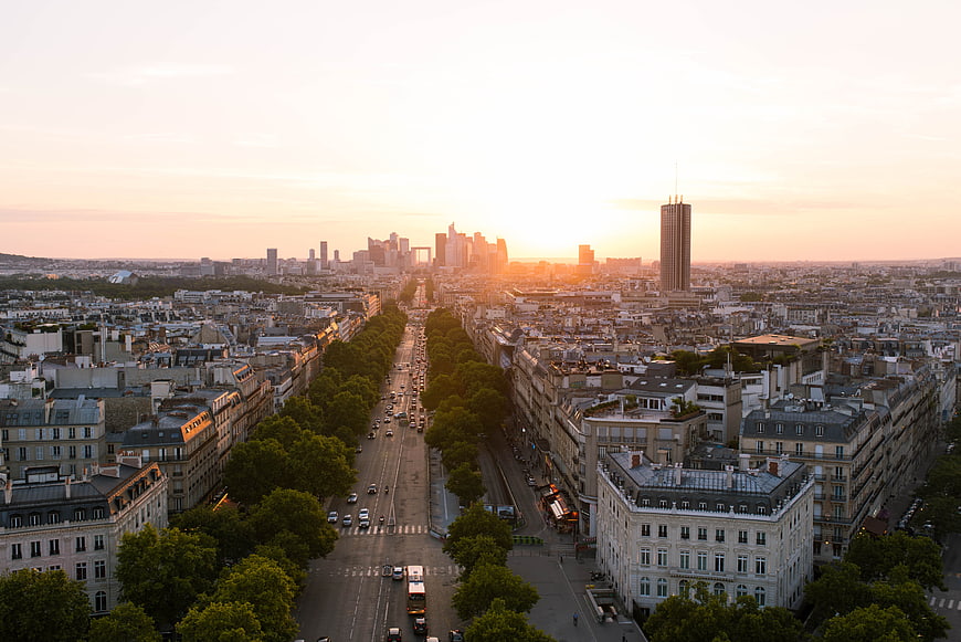 Aerial View of Paris Cityscape at Golden Hour Sunset