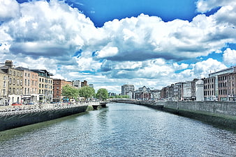 Panoramic View of Dublin River Liffey with Dramatic Clouds