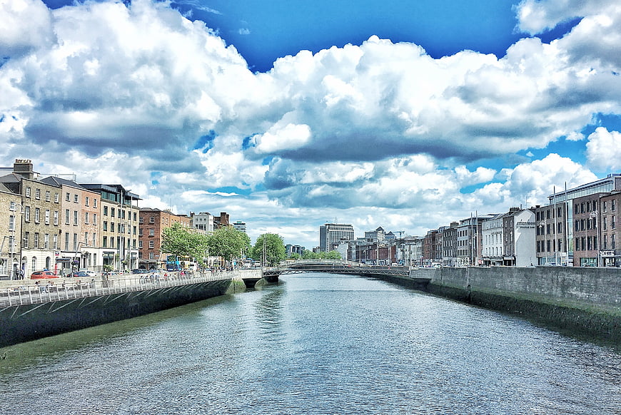 Panoramic View of Dublin River Liffey with Dramatic Clouds