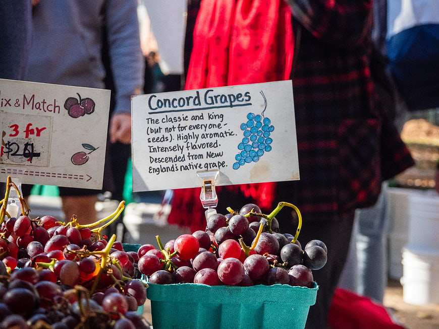 Concord Grapes at Farmers Market with Handwritten Sign