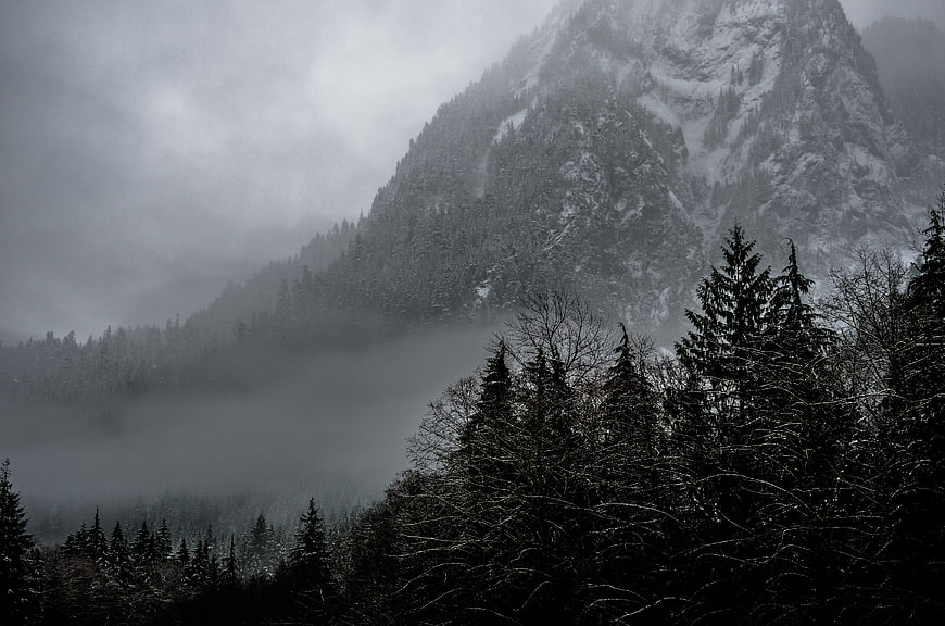 Misty Snow-Covered Mountain Peak with Dark Forest