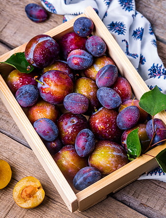 Fresh Plums and Apricots in Wooden Crate on Rustic Table