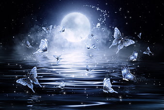 Magical glowing blue butterflies flying over moonlit water