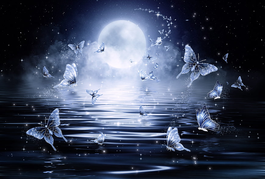 Magical glowing blue butterflies flying over moonlit water