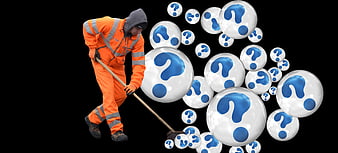 Worker sweeping away question mark bubbles on black background