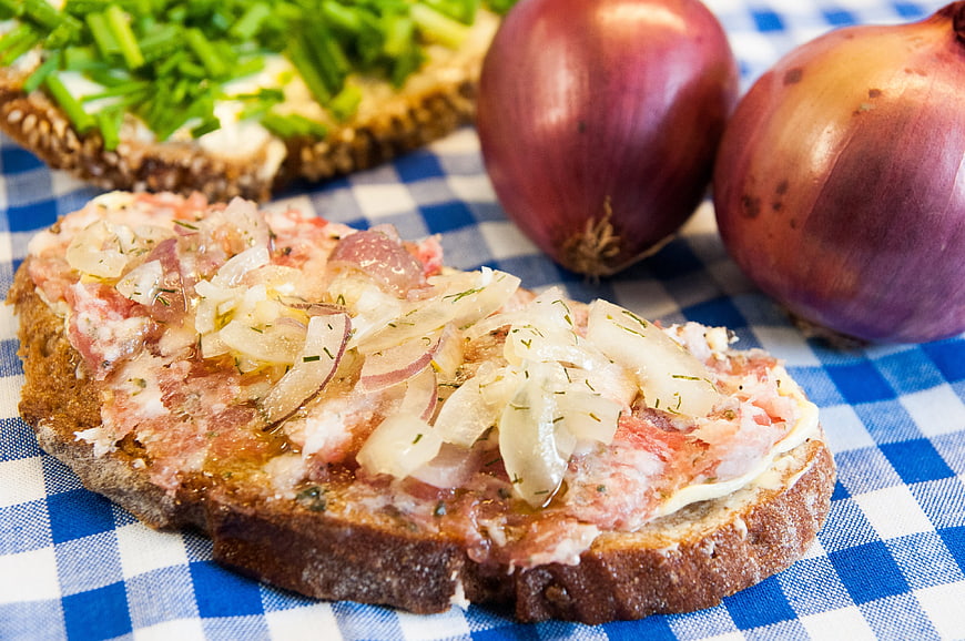 Rustic open sandwich with cured meat and onions on checkered cloth