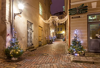 Christmas Lights In Old Town Cobblestone Street At Night