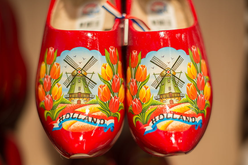 Red Wooden Clogs with Tulips and Windmill Design