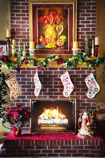 Cozy Christmas Fireplace with Stockings and Poinsettias