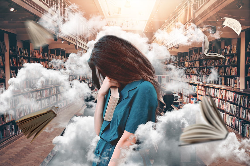 Woman reading in library with floating books and clouds