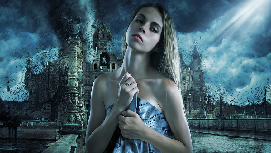 Cinematic portrait of woman in blue dress against stormy Parisian backdrop