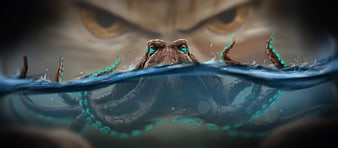 Fantasy Octopus with Glowing Eyes Emerging from Water