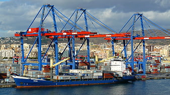 Container ship and cranes at busy seaport with city skyline