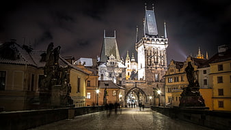 Charles Bridge Prague Night Winter Snow Architecture
