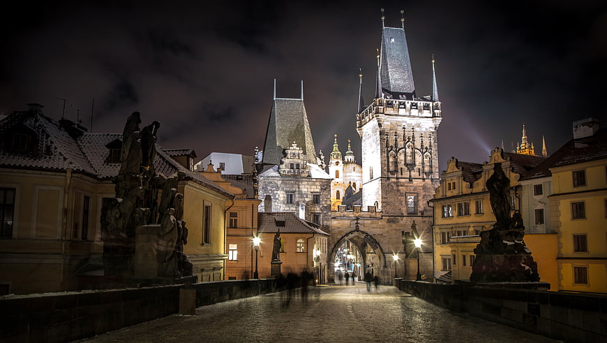 Charles Bridge Prague Night Winter Snow Architecture