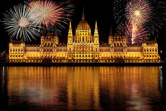 Hungarian Parliament Building Fireworks Night Reflection